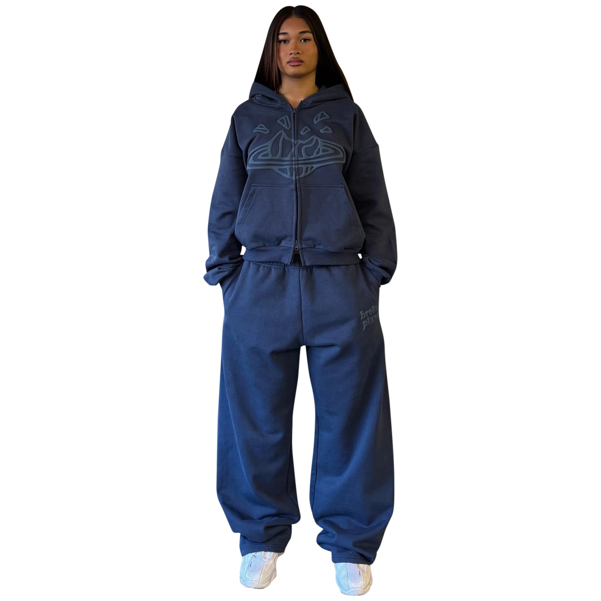 Model front view of Broken Planet Zip-Up Deep Navy Hoodie BP-J25-ZUH-D_NAVY